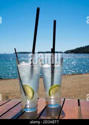 Deux verres de gin tonique avec pailles noires sur un bureau en bois. Mer sur fond flou. Banque D'Images