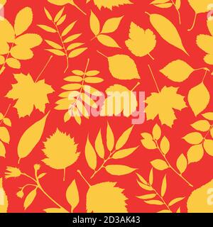 Joli motif feuilles d'automne aux couleurs chaudes, répétition sans couture. Style plat tendance. Idéal pour les arrière-plans, les cartes, le papier cadeau, la décoration, etc Illustration de Vecteur