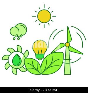 Ensemble écologique collection hydro vent bio énergie solaire blanc arrière-plan isolé avec contour plat à thème vert Illustration de Vecteur