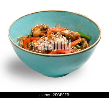 Nouilles de blé épaisses Udon avec poulet frit et légumes Banque D'Images