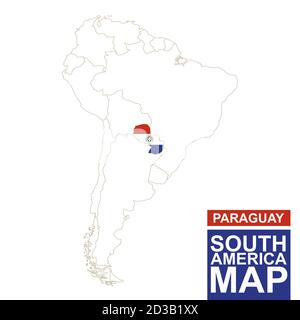 Carte contourée de l'Amérique du Sud avec le Paraguay en surbrillance. Carte du Paraguay et drapeau sur la carte de l'Amérique du Sud. Illustration vectorielle. Illustration de Vecteur