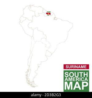 Carte contourée de l'Amérique du Sud avec le Suriname en surbrillance. Carte du Suriname et drapeau sur la carte de l'Amérique du Sud. Illustration vectorielle. Illustration de Vecteur