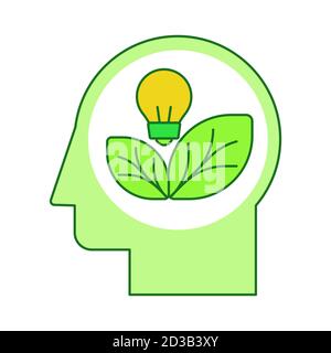 ECO Energy conscience concept ampoule feuille blanche tête arrière-plan isolé avec contour plat à thème vert Illustration de Vecteur