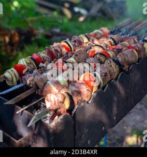 Brochettes non cuites dans la nature sur des brochettes en plein air. Shashlyk Banque D'Images