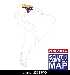 Carte contourée de l'Amérique du Sud avec le Venezuela en surbrillance. Carte du Venezuela et drapeau sur la carte de l'Amérique du Sud. Illustration vectorielle. Illustration de Vecteur