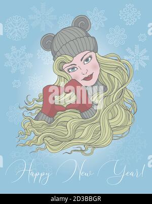 Carte de vœux de Noël et du nouvel an avec une fillette en moufles avec symbole coeur. Illustration vectorielle à dessin manuel, fond saisonnier, Desi Illustration de Vecteur