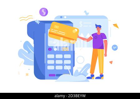 Guy paye par carte par terminal dans le style plat Illustration de Vecteur
