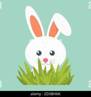 Illustration du lièvre blanc. Vecteur EPS 10. Illustration. Joli petit animal sur fond bleu avec de l'herbe. Illustration de Vecteur