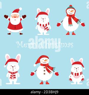 Le Père Noël, deux bonhommes de neige drôles, trois lièvres, ensemble de dessins animés vecteur, style mignon isolé sur fond bleu illustration Illustration de Vecteur
