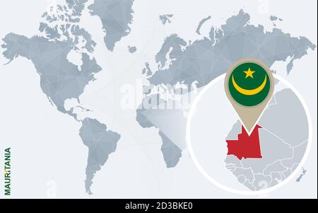 Carte abstraite bleue du monde avec la Mauritanie magnifiée. Drapeau et carte de Mauritanie. Illustration vectorielle. Illustration de Vecteur