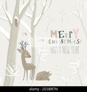 Mignon dessin animé petits deers dans la forêt d'hiver Illustration de Vecteur