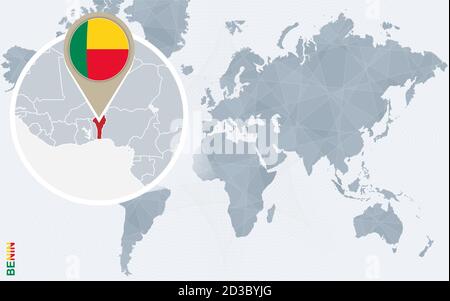 Carte abstraite bleue du monde avec le Bénin agrandi. Drapeau et carte du Bénin. Illustration vectorielle. Illustration de Vecteur