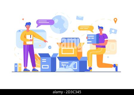 Les coursiers travaillent sur l'emballage des marchandises pour l'expédition dans le style plat. Illustration de Vecteur