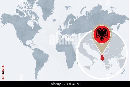 Carte abstraite bleue du monde avec l'Albanie magnifiée. Drapeau et carte de l'Albanie. Illustration vectorielle. Illustration de Vecteur