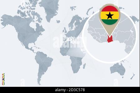 Carte abstraite bleue du monde avec le Ghana agrandi. Drapeau et carte du Ghana. Illustration vectorielle. Illustration de Vecteur