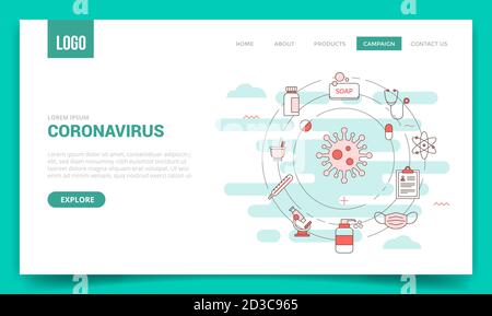 concept de coronavirus avec icône en forme de cercle pour le modèle de site web ou l'atterrissage page d'accueil de la bannière Illustration de Vecteur