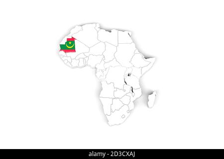 Afrique carte 3d avec frontières marquées - zone Mauritanie marquée Avec drapeau de Mauritanie - isolé sur fond blanc - 3D Illustration Banque D'Images