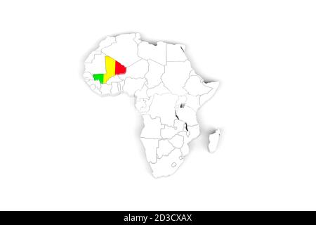 Afrique carte 3d avec frontières marquées - Mali zone marquée Avec drapeau Mali - isolé sur fond blanc - 3D Illustration Banque D'Images