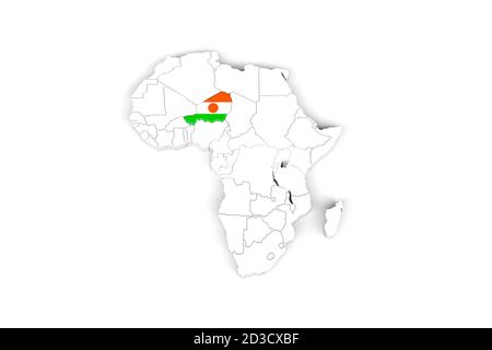 Afrique carte 3d avec frontières marquées - région du Niger marquée Avec drapeau Niger - isolé sur fond blanc - 3D Illustration Banque D'Images