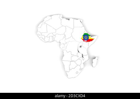 Afrique carte 3d avec frontières marquées - zone Éthiopie marquée Avec drapeau éthiopien - isolé sur fond blanc - 3D Illustration Banque D'Images