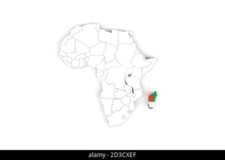 Afrique carte 3d avec frontières marquées - région de Madagascar marquée Avec drapeau de Madagascar - isolé sur fond blanc - 3D Illustration Banque D'Images