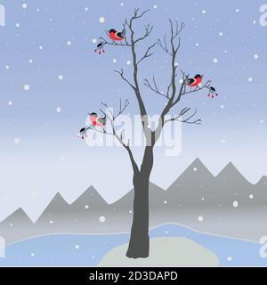 Arbre d'hiver avec peu de petits fruits et d'oiseaux rouge sur un fond de montagnes à froid et sombre ciel enneigé. Nature de la saison. Snowy paysage naturel. Vec Illustration de Vecteur