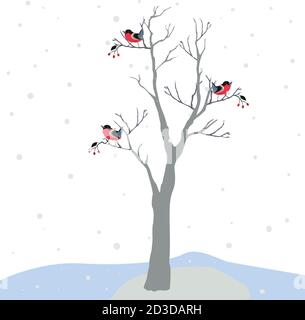 Arbre d'hiver avec peu de petits fruits et d'oiseaux rouge sur un fond de montagnes à froid et sombre ciel enneigé. Nature de la saison. Snowy paysage naturel. Vec Illustration de Vecteur