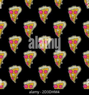 Dessin avec des crayons sur un tableau noir. Motif sans couture. Tranches de pizza sous la forme d'un visage effrayant. Préparation de la fête d'Halloween. Dessin de craie Banque D'Images
