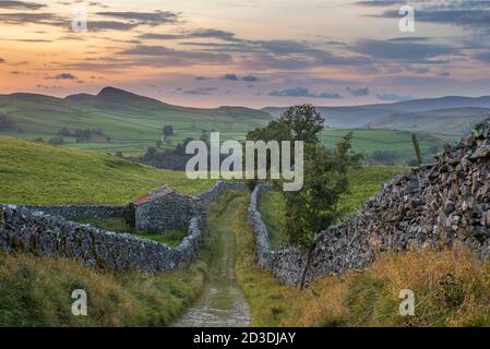 Vue vers Smearsett cicatrice de Goat Scar Lane, au-dessus de Stainforth, Ribblesdale, North Yorkshire, Yorkshire Dales National Park, Royaume-Uni. Banque D'Images