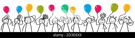 Bannière horizontale avec des personnages en bâton de dessin animé, souriant et riant enfants tenant des ballons colorés célébrant, fête d'anniversaire Illustration de Vecteur