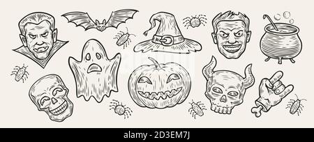 Concept Halloween. Symboles dessinés à la main illustration vectorielle vintage Illustration de Vecteur