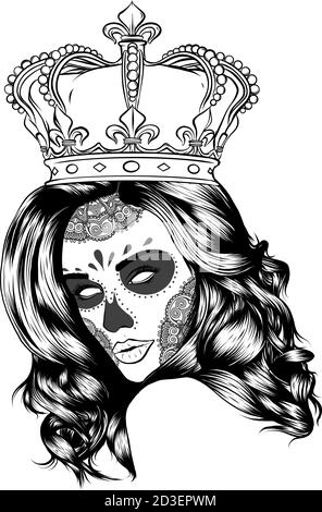 Femme crâne avec une couronne et des cheveux longs. Reine de décès de tatouage dans le style. Vector illustration. Illustration de Vecteur