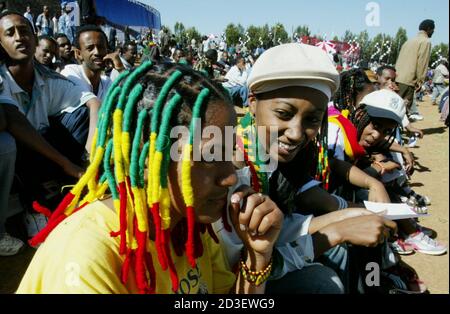 Young Ethiopian Girls Who Have Braided Their Hair With Rasta Colours Sit Among Thousands Of People Gathered At Meskel Square In Addis Ababa Ethiopia Young Ethiopian Girls Who Have Braided Their Hair