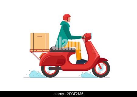 Service de livraison express sur le concept de scooter. Logistique rapide en ligne mâle sur vélo cyclomoteur avec des commandes boîte colis. Illustration plate isolée à vecteur de transport de marchandises ou d'aliments Illustration de Vecteur