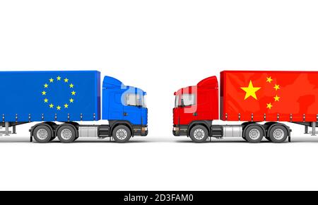 camions avec drapeaux européens et chinois face à face. concept d'importation et d'exportation. rendu 3d. Banque D'Images