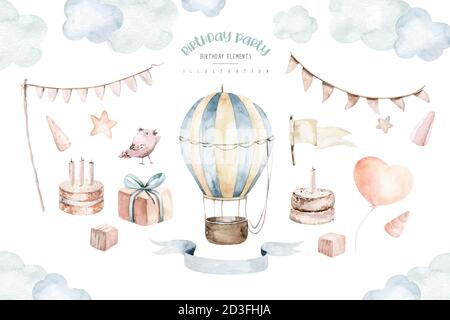 Dessin animé ballons air fête d'anniversaire illustrations. Dessin main bébé douche air ballon. Enfants vêtements de pépinière mode design, carte d'invitation d'anniversaire Banque D'Images