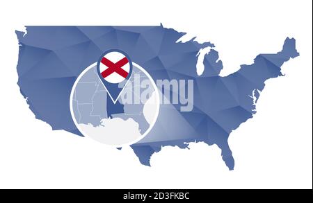 Etat de l'Alabama agrandi sur la carte des Etats-Unis. Carte abstraite des États-Unis en bleu. Illustration vectorielle. Illustration de Vecteur