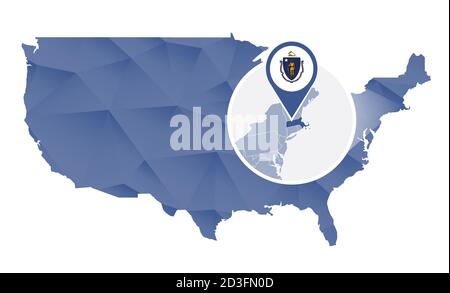 État du Massachusetts agrandi sur la carte des États-Unis. Carte abstraite des États-Unis en bleu. Illustration vectorielle. Illustration de Vecteur