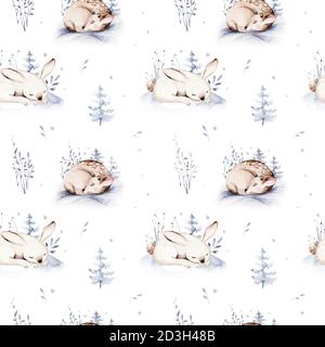 Motif hivernal aquarelle cerf avec fauve, lapins hibou, oiseaux ours sur fond blanc. Ensemble d'animaux sauvages de renard et d'écureuil. Peint à la main en hiver Banque D'Images