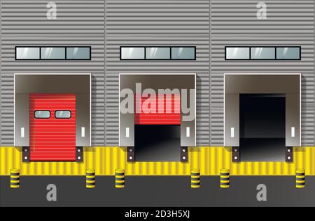 Grand entrepôt de distribution avec portes pour le chargement des marchandises. Concept d'ouverture de porte. Illustration de Vecteur