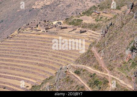 Terrasses agricoles au site historique Pisaq Pisac Incan Banque D'Images