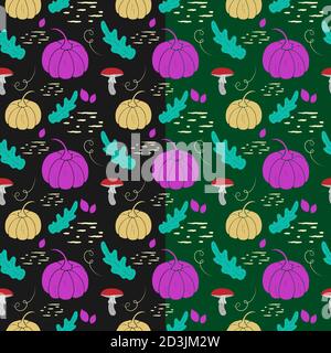 Motif automnal traditionnel sans coutures. Design élégant dessiné à la main de citrouille, de feuilles, de silhouettes aux champignons Illustration de Vecteur