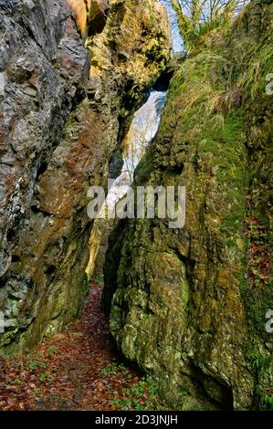 D'anciennes ouvertures de l'exploitation du plomb sur une veine appelée Hard Rake, au sommet de High Tor dans Matlock Bath, plus tard ouvert comme une grotte appelée Roman Cave. Banque D'Images