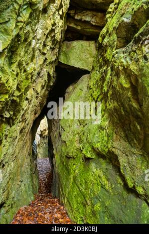 D'anciennes ouvertures de l'exploitation du plomb sur une veine appelée Hard Rake, au sommet de High Tor dans Matlock Bath, plus tard ouvert comme une grotte appelée Roman Cave. Banque D'Images