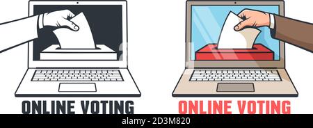 Vote en ligne aux élections - une main dépose un projet de loi dans une boîte dans un ordinateur portable Illustration de Vecteur