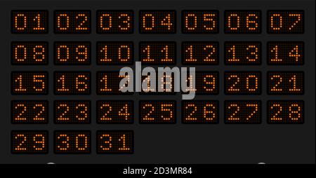 Numéros de 1 à 31 pour un calendrier ou un événement sportif sous forme de tableau de bord électronique dans une lueur orange. Illustration vectorielle. Illustration de Vecteur