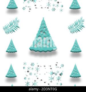 Motif sapin de Noël sans coutures. Motif sans couture avec boîtes cadeau bleu turquoise, flocons de neige en rendu 3D. Boîte-cadeau avec emballage imprimé Banque D'Images