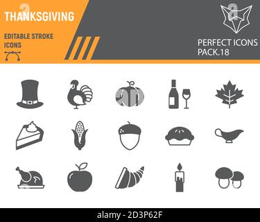 Ensemble d'icônes de glyphe de Thanksgiving, collection de vacances, croquis vectoriels, illustrations de logo, icônes de jour de Thanksgiving, pictogrammes pleins de panneaux de célébration Illustration de Vecteur