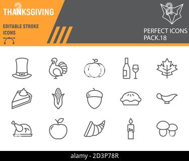 Ensemble d'icônes de la ligne de Thanksgiving, collection de vacances, croquis vectoriels, illustrations de logo, icônes de jour de Thanksgiving, pictogrammes linéaires des panneaux de célébration Illustration de Vecteur