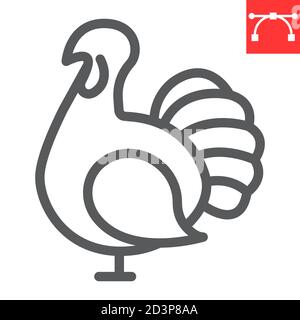 Icône de ligne d'oiseau de dinde, action de grâce et volaille, graphiques vectoriels de signe d'oiseau de dinde, icône linéaire de trait modifiable, eps 10. Illustration de Vecteur
